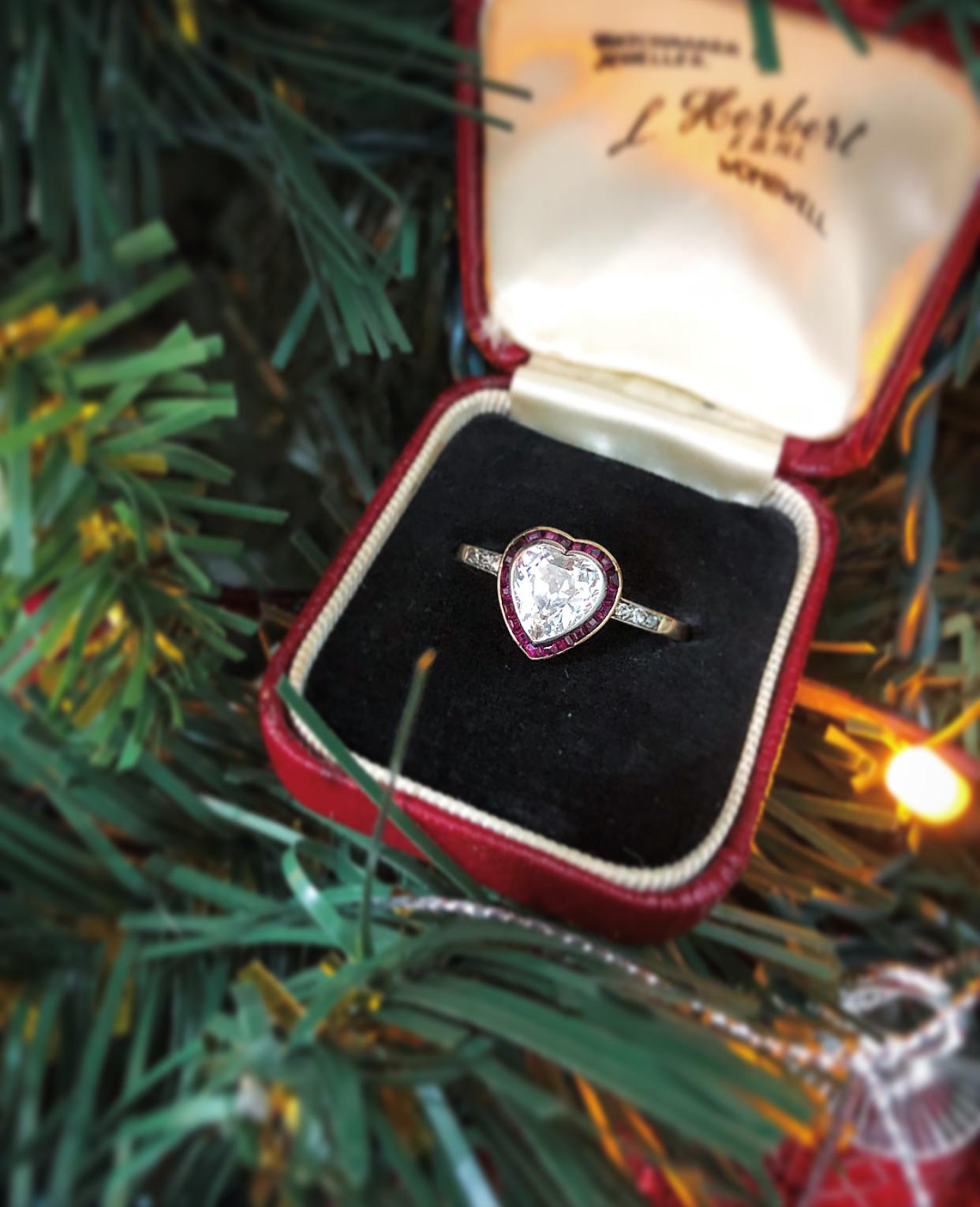 Women's or Men's Victorian Heart Shaped Diamond and Ruby Halo Ring, circa 1900s