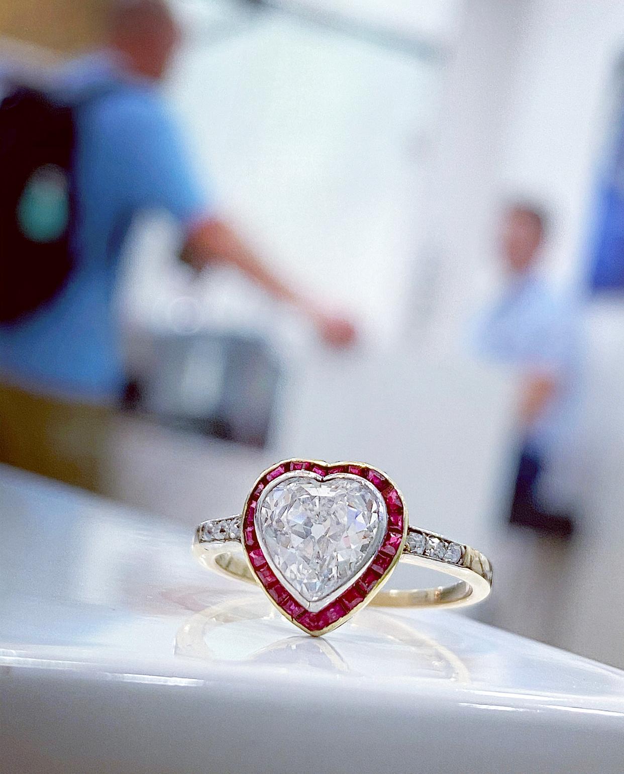 Victorian Heart Shaped Diamond and Ruby Halo Ring, circa 1900s 1