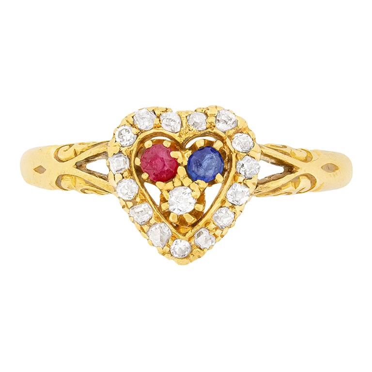 Victorian Heart Shaped Ring with Diamond, Sapphires and Rubies, circa 1902 For Sale