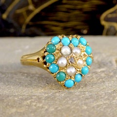 Victorian Heart Shaped Turquoise Seed Pearl and Diamond Cluster Ring 18ct Gold