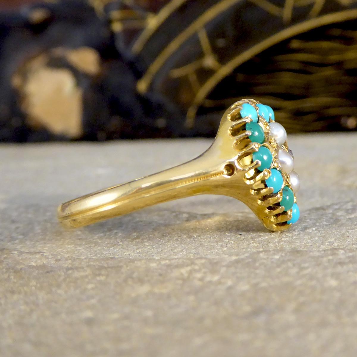Old European Cut Victorian Heart Shaped Turquoise Seed Pearl and Diamond Cluster Ring 18ct Gold For Sale