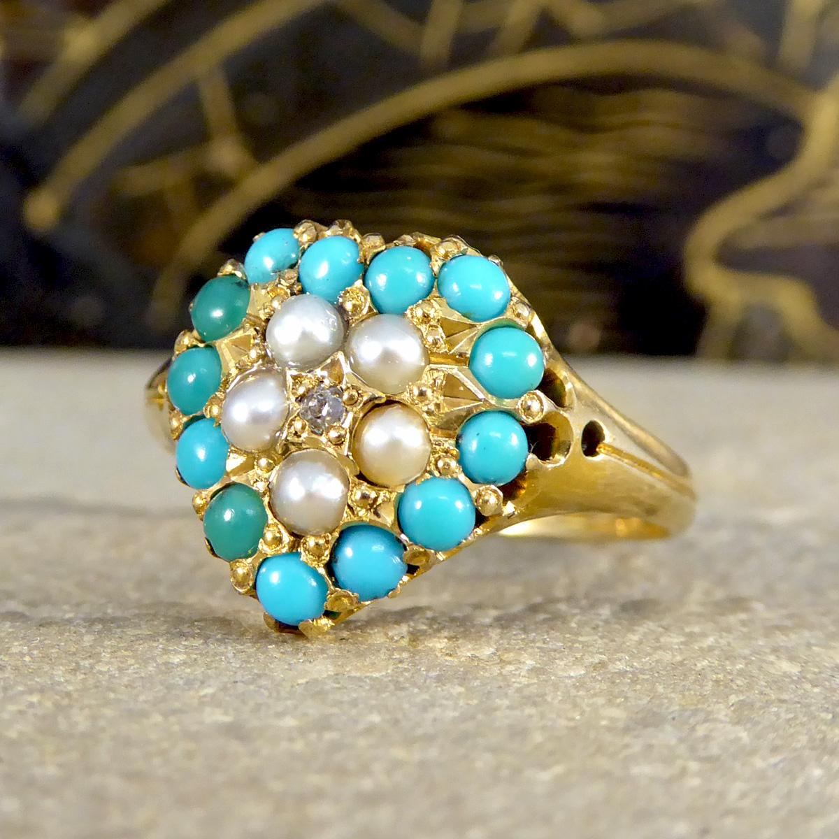 Women's or Men's Victorian Heart Shaped Turquoise Seed Pearl and Diamond Cluster Ring 18ct Gold For Sale