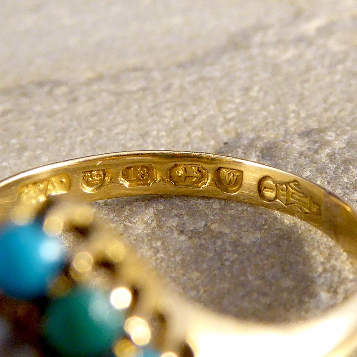 Viktorianischer herzförmiger Türkis Saatperlen- und Diamant-Cluster-Ring aus 18 Karat Gold im Angebot 1