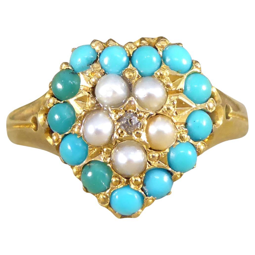 Victorian Heart Shaped Turquoise Seed Pearl and Diamond Cluster Ring 18ct Gold For Sale