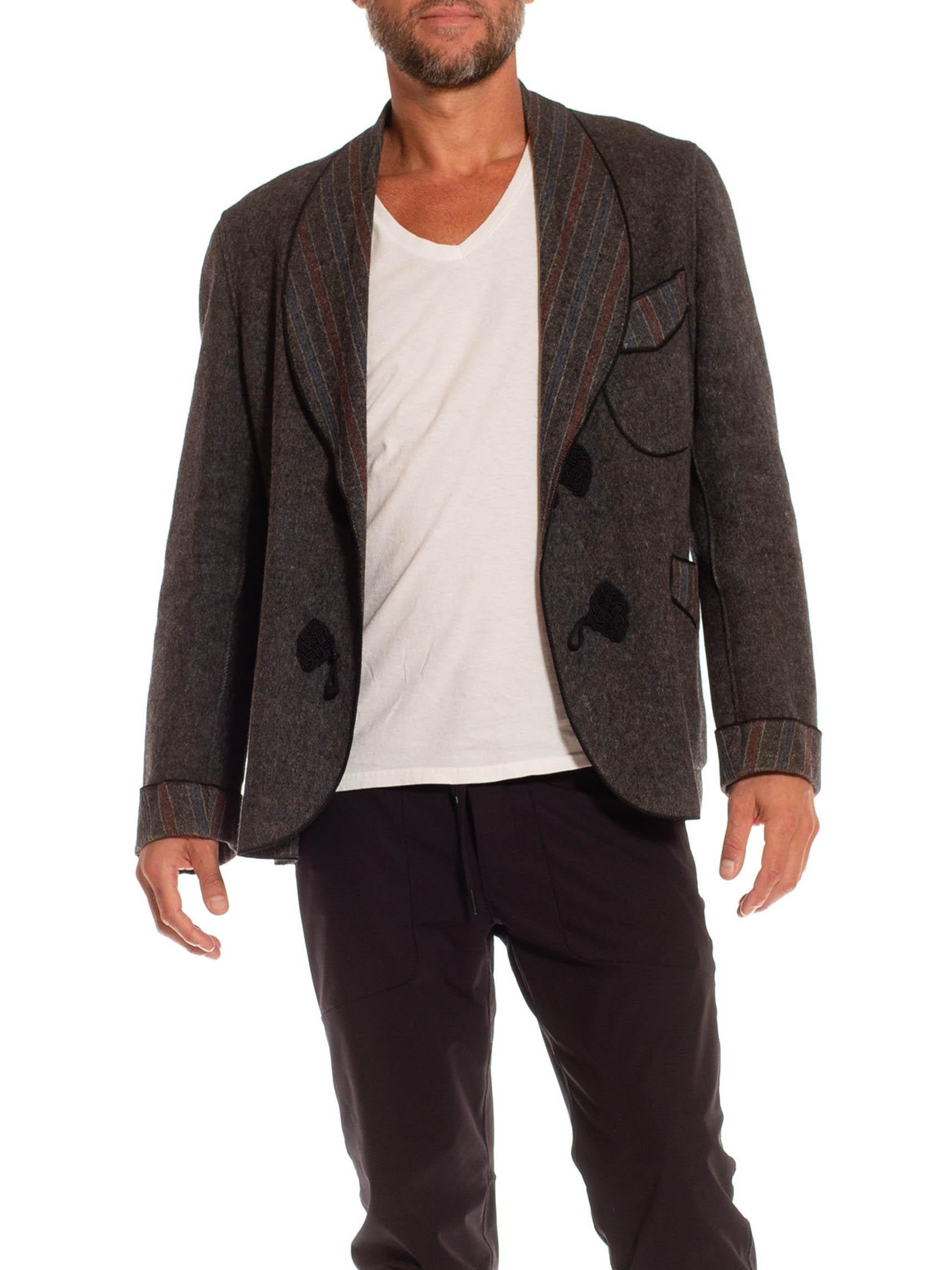 Black Victorian Heather Grey Wool Double Woven Stripe Men's Smoking Jacket For Sale