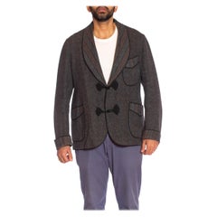 Chaqueta de Fumador Antiguo Victoriano de Lana Gris Brezo con Doble Tejido de Rayas para Hombre