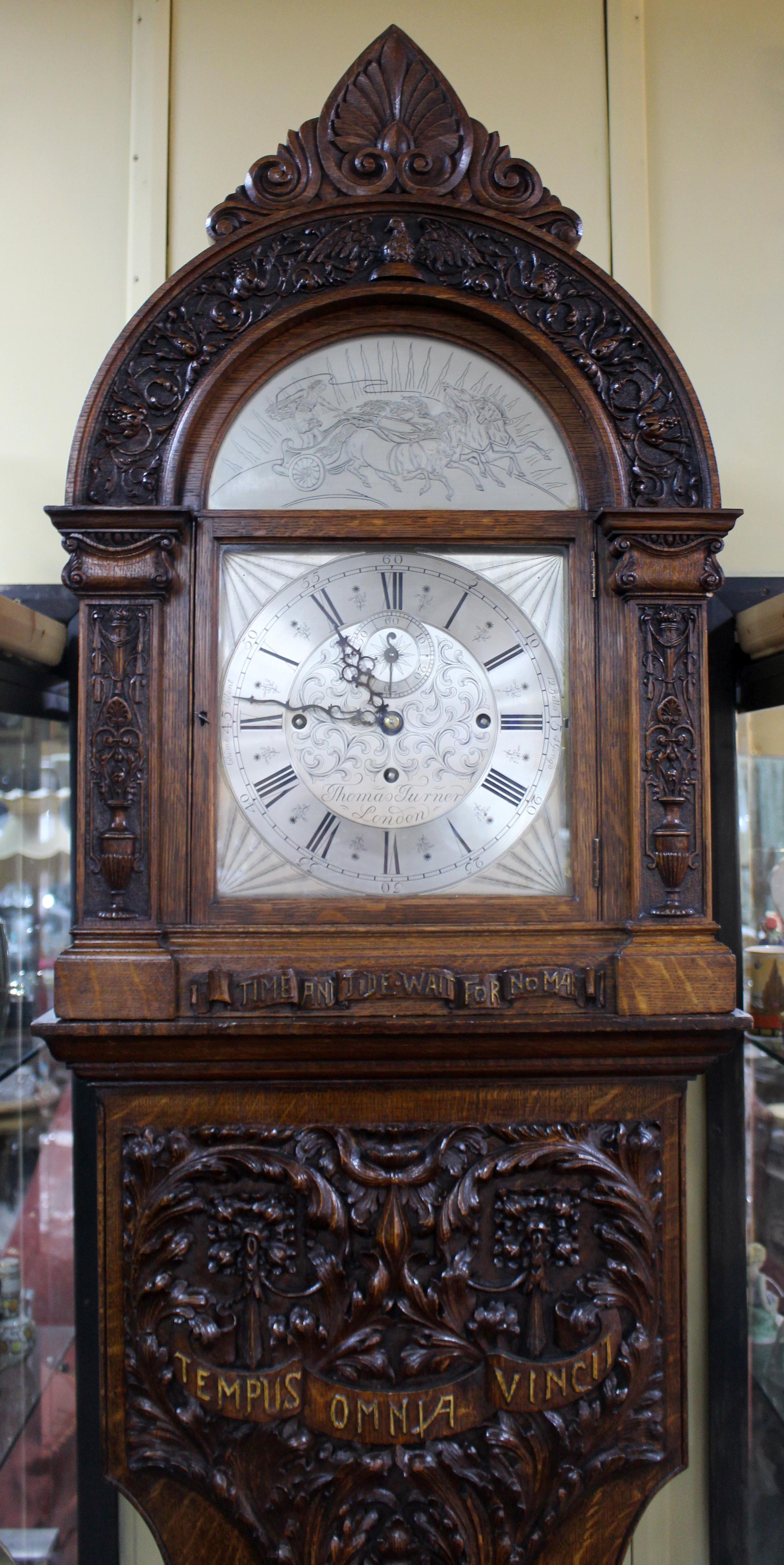 Victorian Heavily Carved Oak Long Case Clock by Thomas Turner London In Good Condition In Worcester, Worcestershire