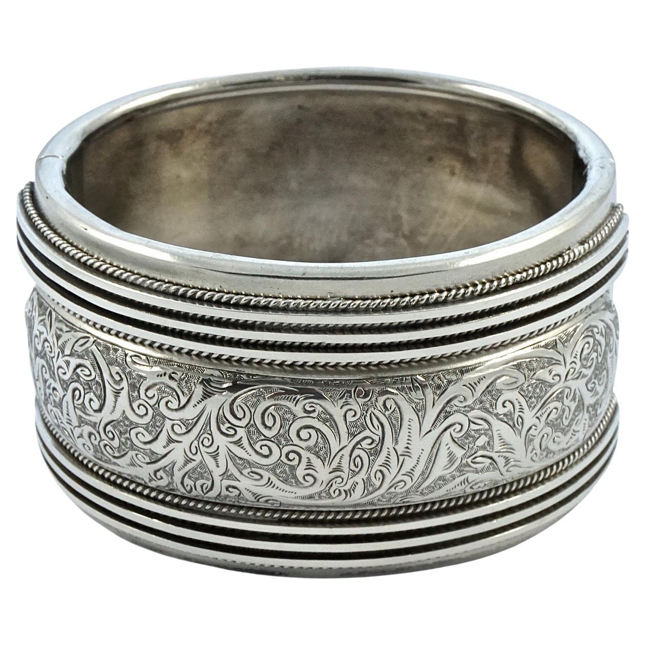 Antique Victorian Heavy Silver Engraved Bangle Bracelet For Sale