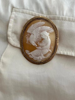 Victorian Hebe & Zeus Shell Large Cameo 9ct Brooch, Circa 1900