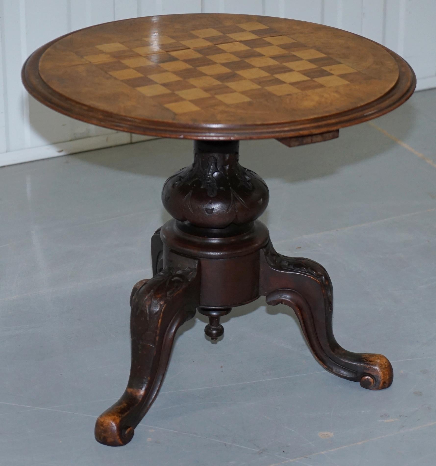 We are Furniture is delighted to offer for sale this lovely 140+ plus year old height adjustable Victorian burr walnut chess or games table with hand carved legs

This table is glorious to look at, truly stunning, the timber patina is amazing, the