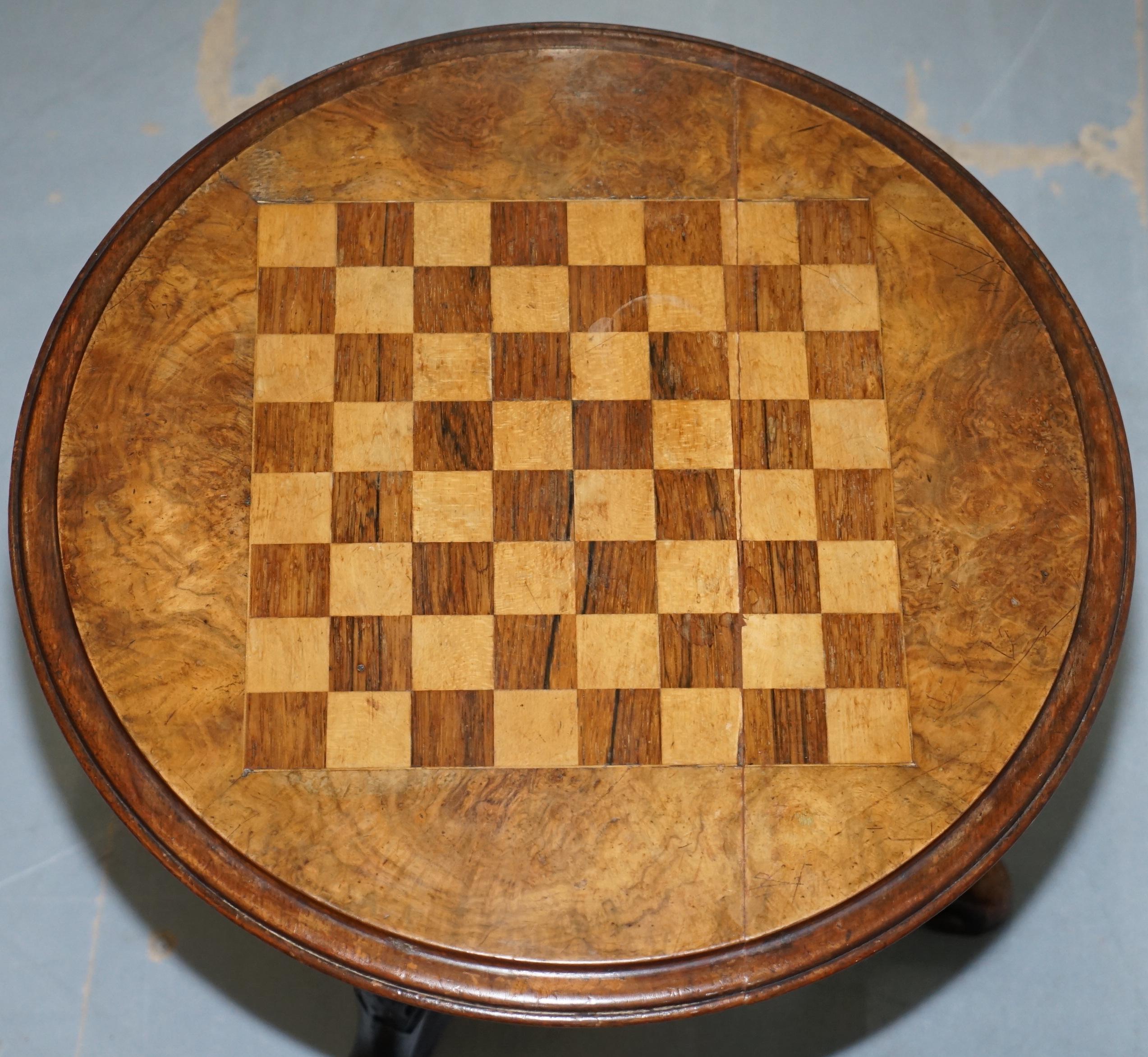 English Victorian Height Adjustable Burr Walnut Chess Games Table Carved Legs circa 1880