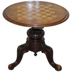 Victorian Height Adjustable Burr Walnut Chess Games Table Carved Legs circa 1880
