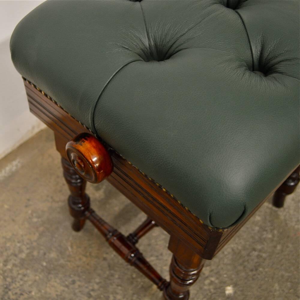 British Victorian Height Adjustable Piano Stool, Green Leather Deep Buttoned Top