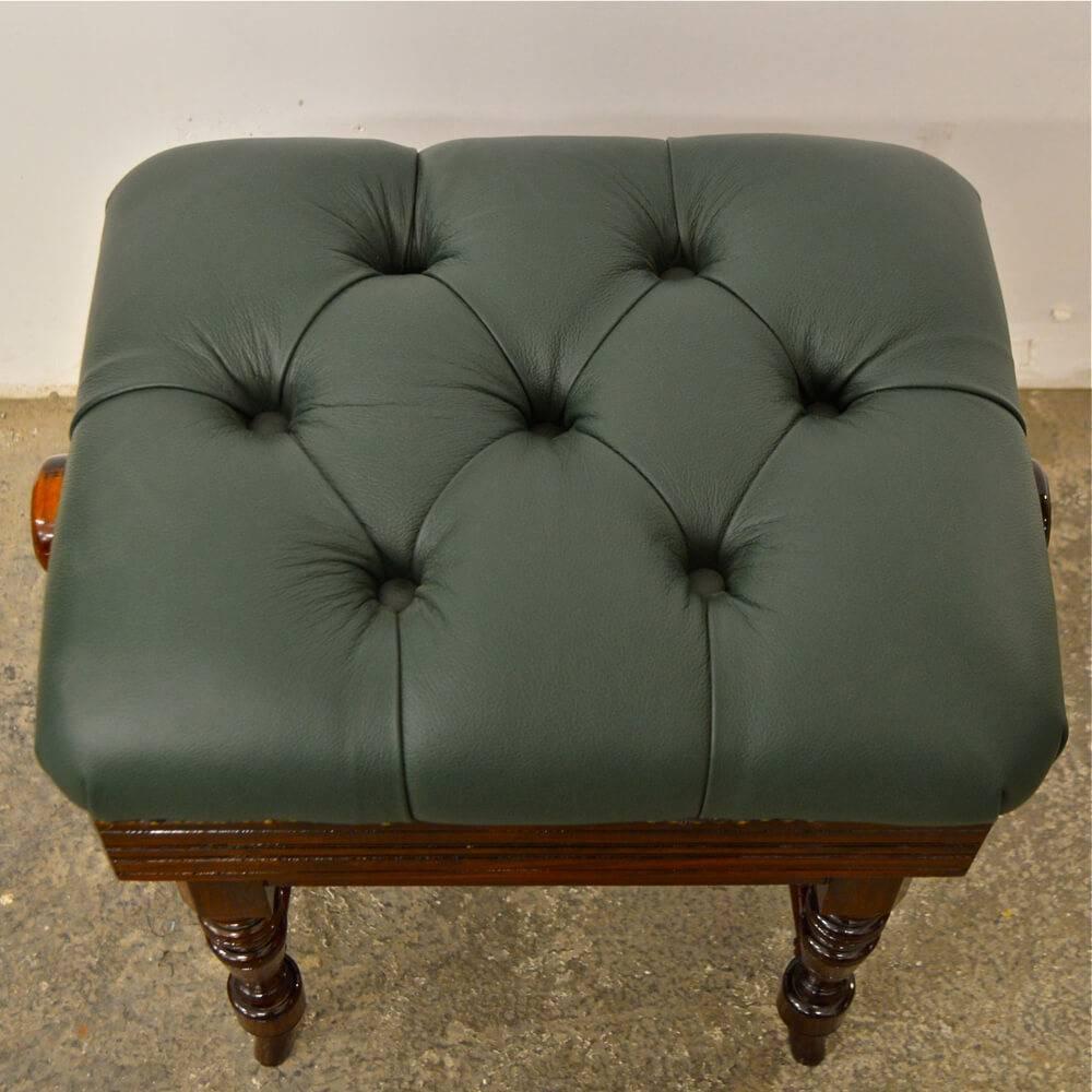 Victorian Height Adjustable Piano Stool, Green Leather Deep Buttoned Top In Excellent Condition In Macclesfield, Cheshire