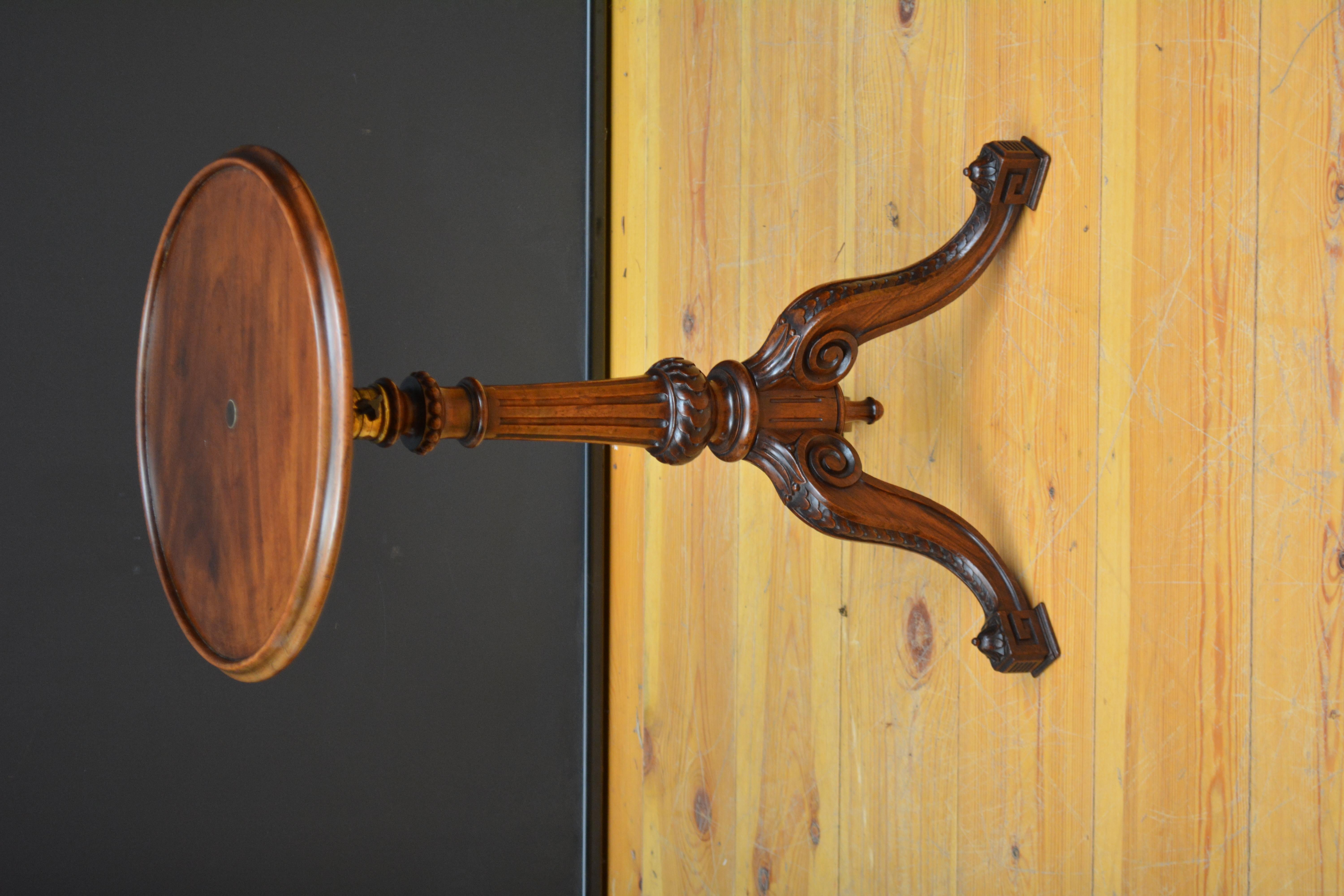 Sn5701 Victorian mahogany height adjustable table with dished top and fluted column terminating in three carve downswept legs. This antique table is in home ready condition. c1860
H25-34