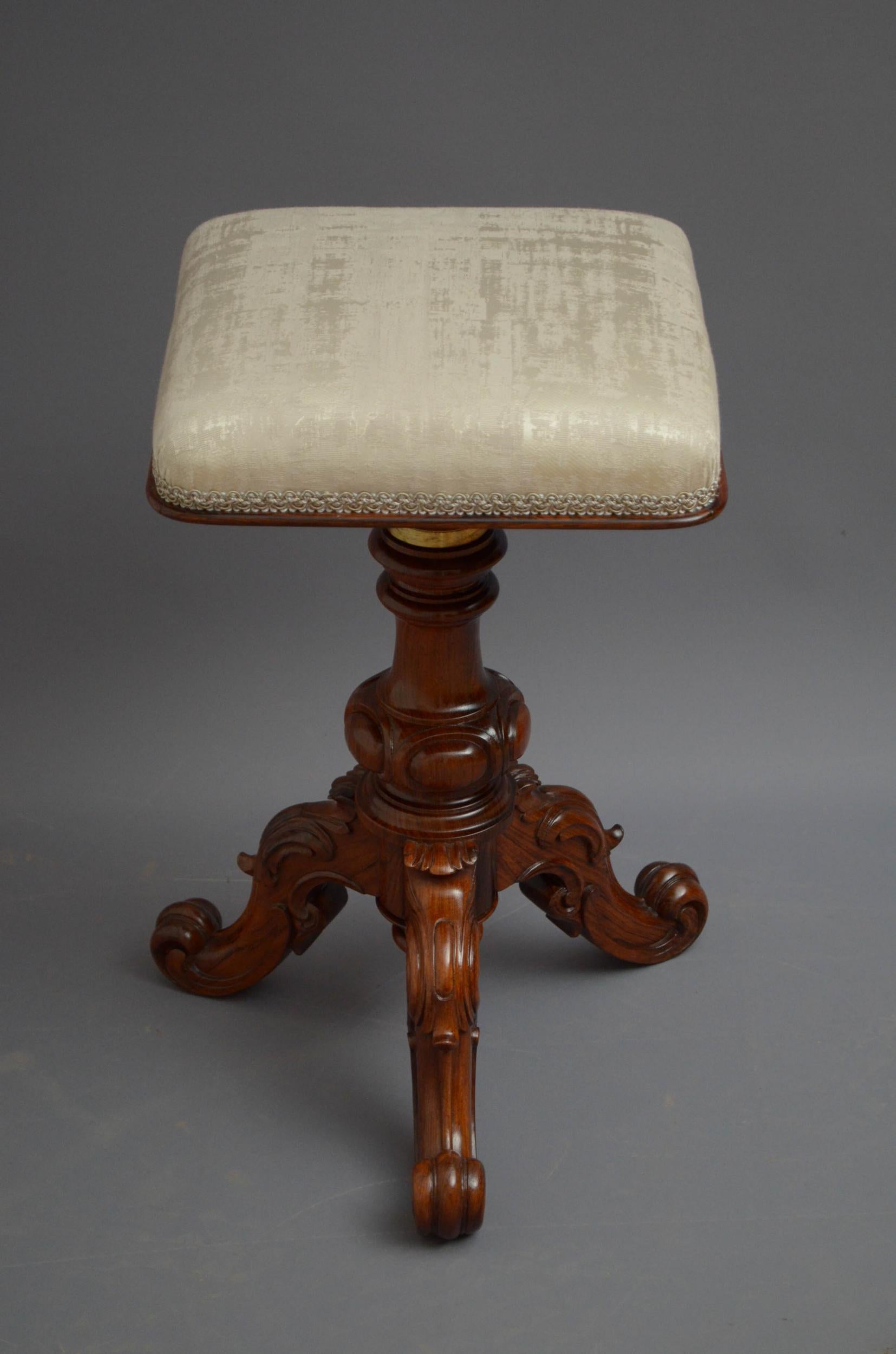 British Victorian Height Adjustable Stool in Rosewood For Sale