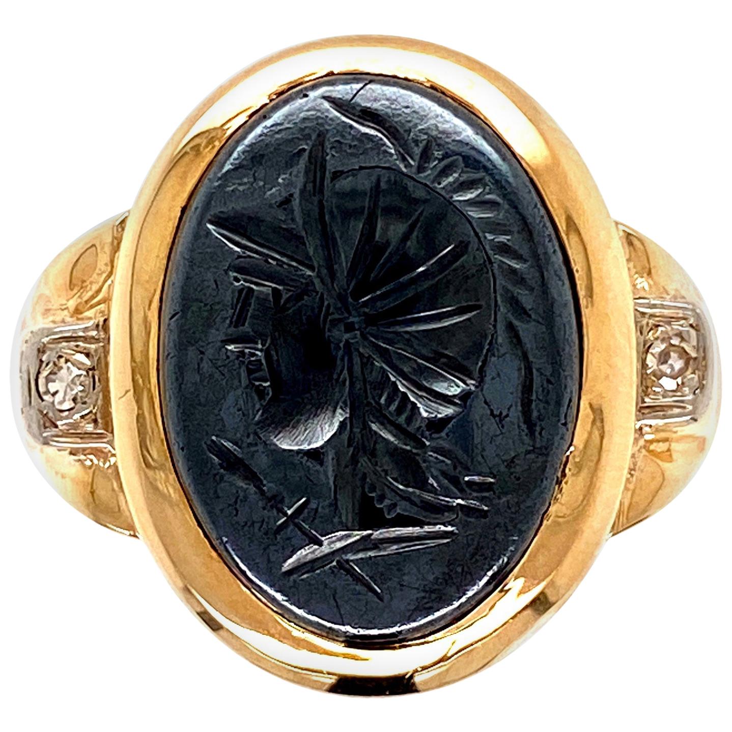 Victorian Hematite Intaglio Portrait Signet Gold Ring Estate Fine Jewelry