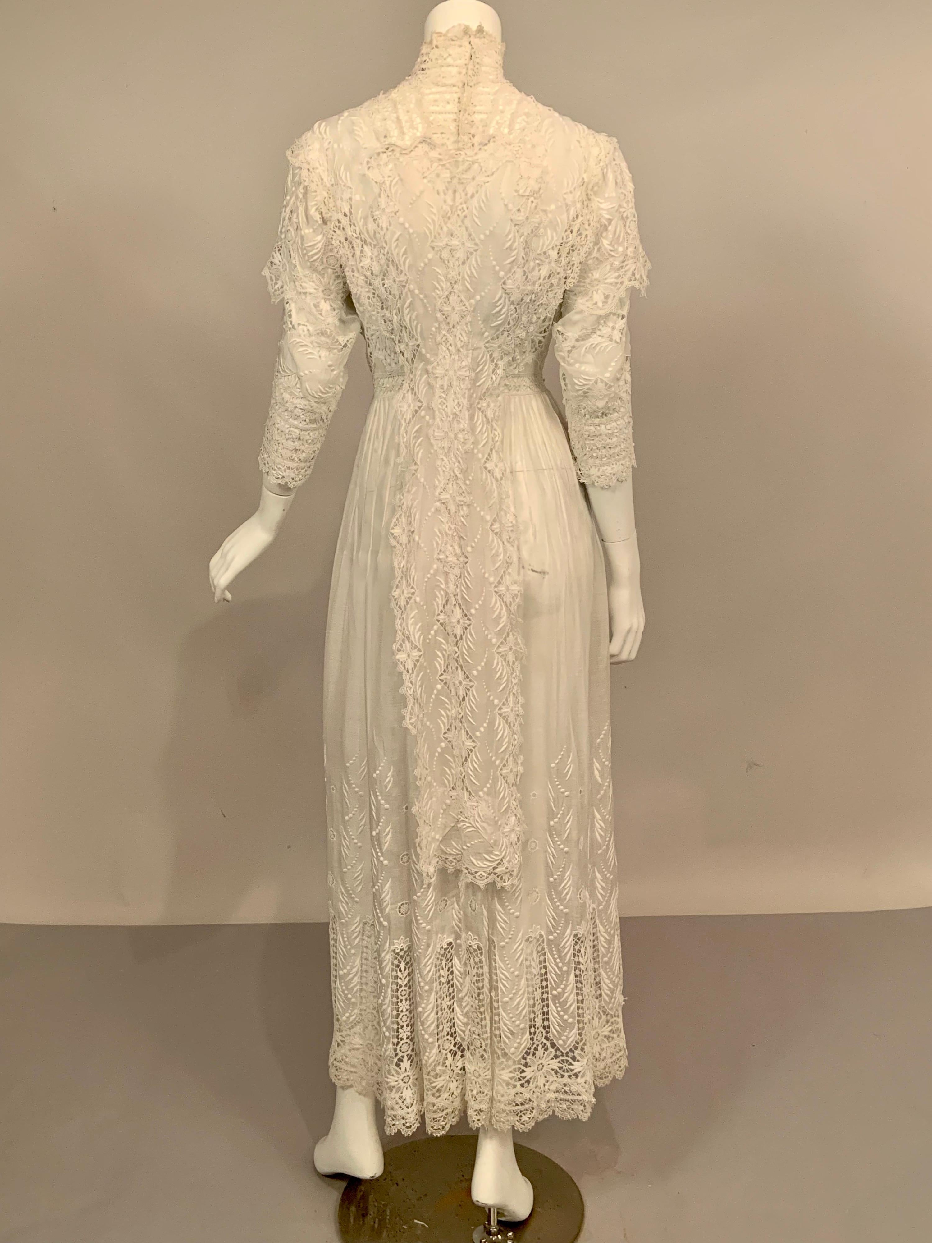 Victorian Bright White High Neck Lace and Embroidered Handkerchief Linen Dress   3
