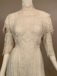 Victorian Bright White High Neck Lace and Embroidered Handkerchief Linen Dress