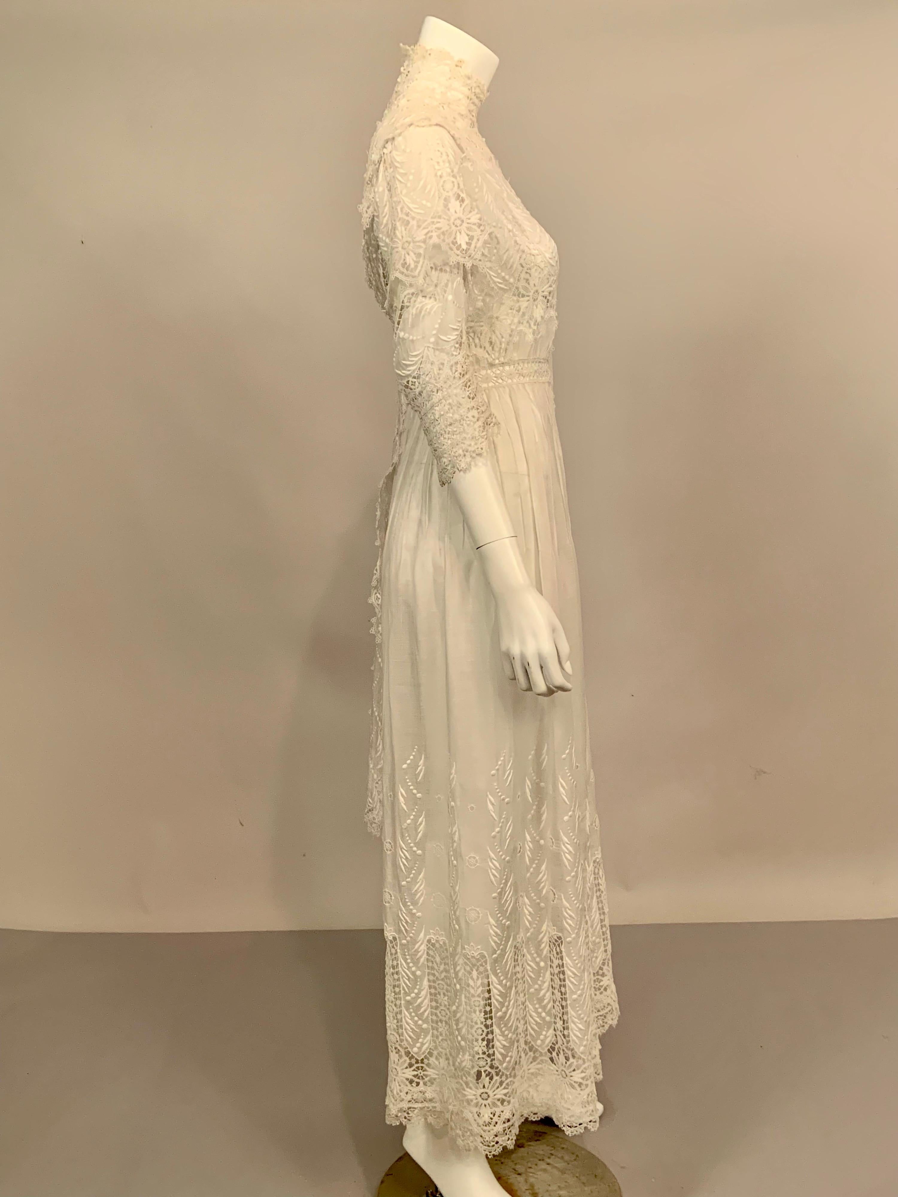 Victorian Bright White High Neck Lace and Embroidered Handkerchief Linen Dress   1