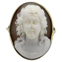 Victorian High Relief Cameo of Young Maiden in 14K Gold Ring