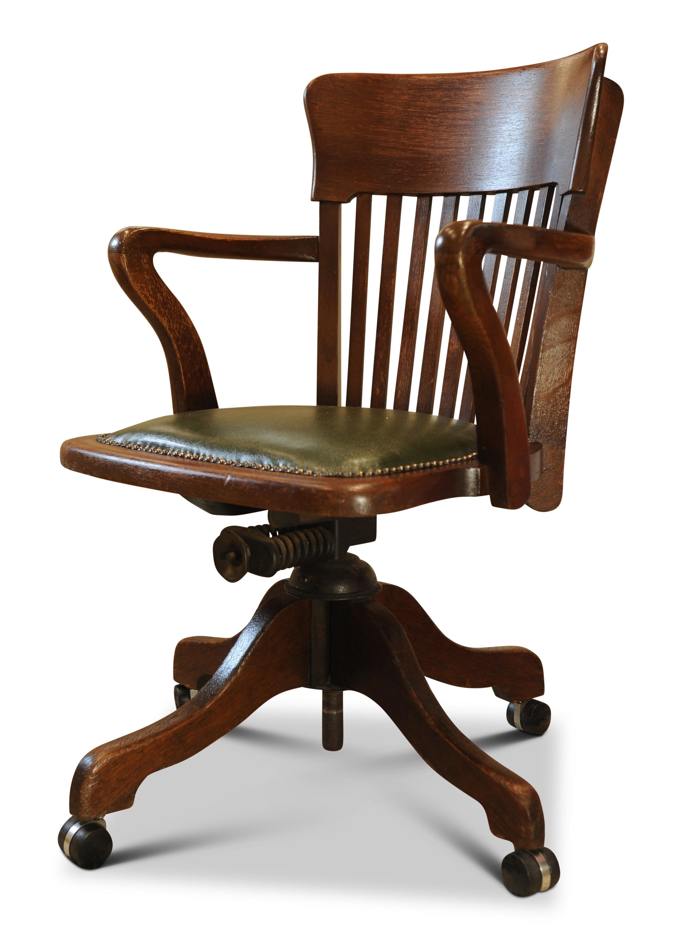 Late Victorian Victorian Hillcrest Oak Revolving Desk Chair with Racing Green Leather Seat