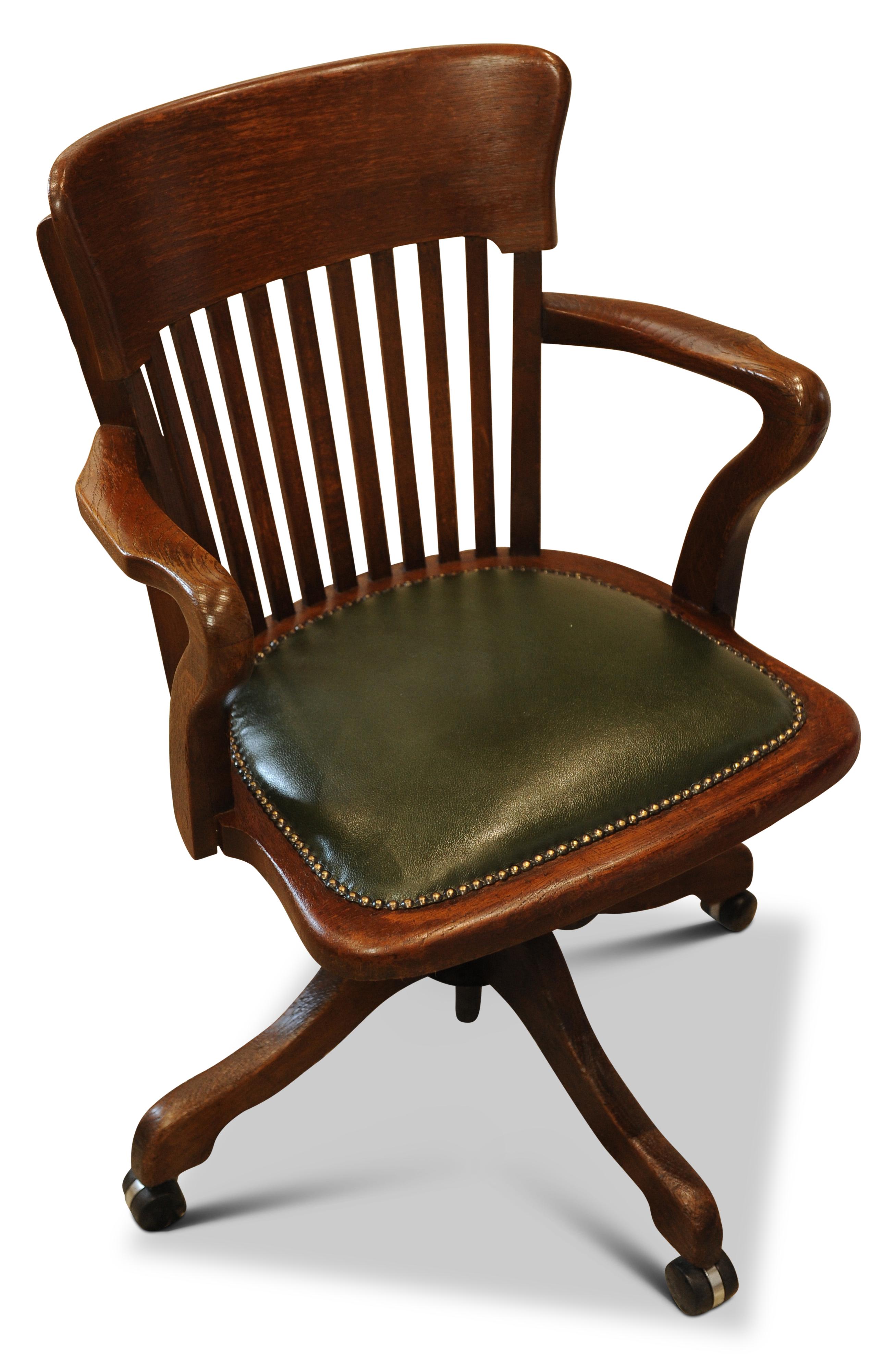 British Victorian Hillcrest Oak Revolving Desk Chair with Racing Green Leather Seat