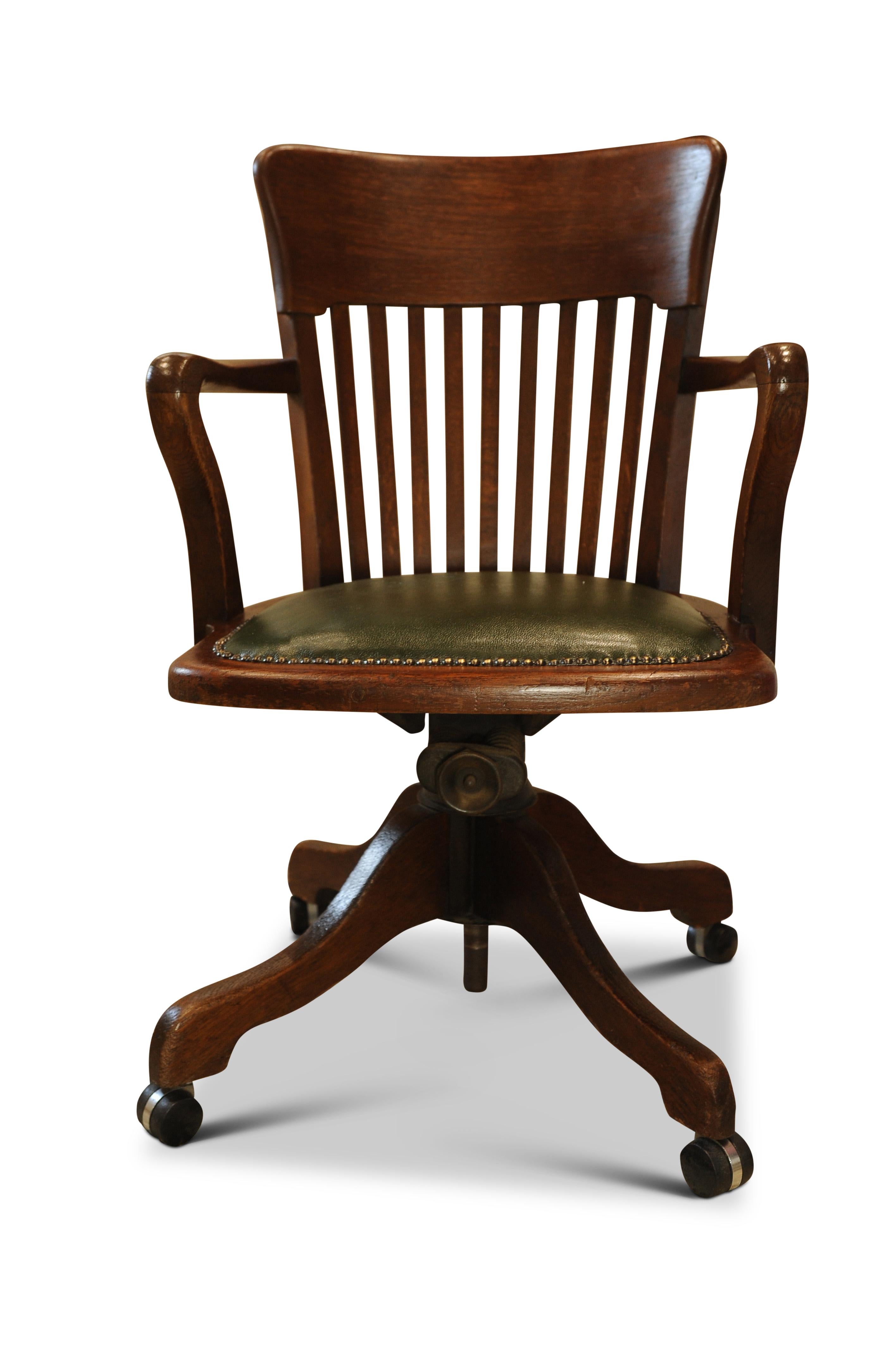 Hand-Crafted Victorian Hillcrest Oak Revolving Desk Chair with Racing Green Leather Seat