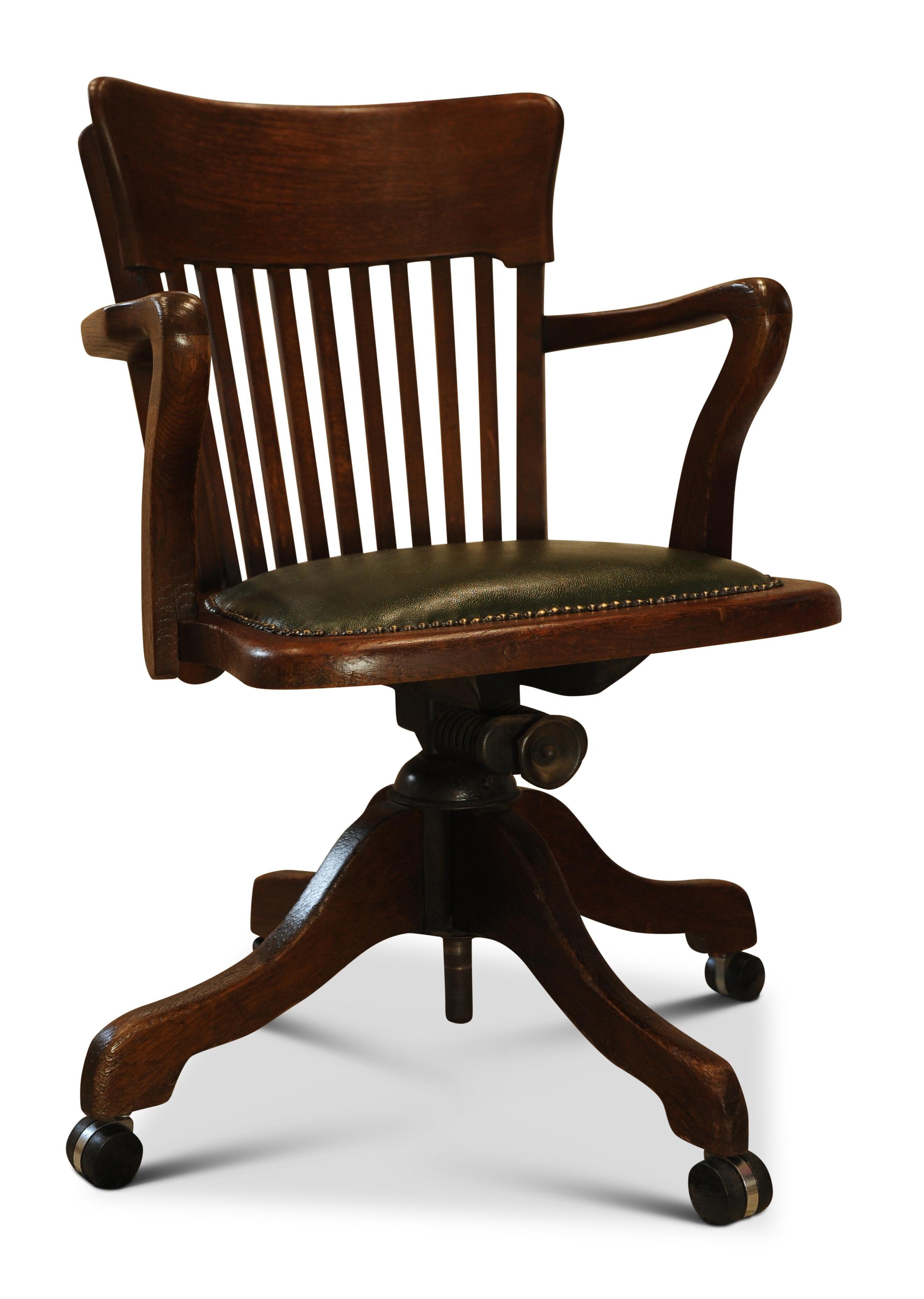 Victorian Hillcrest Oak Revolving Desk Chair with Racing Green Leather Seat In Good Condition In Reading, Berkshire