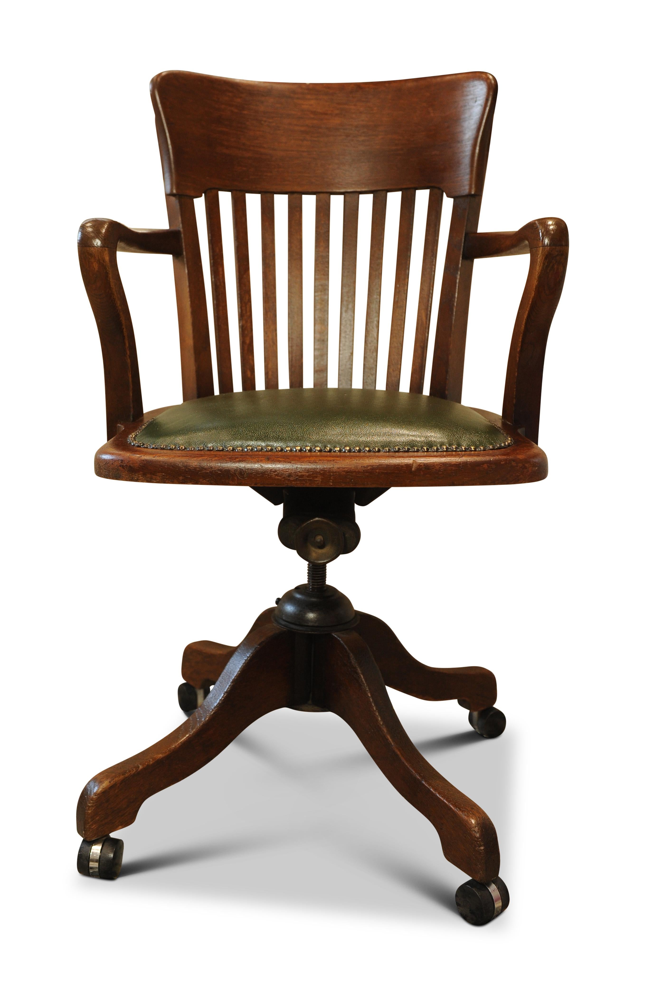 19th Century Victorian Hillcrest Oak Revolving Desk Chair with Racing Green Leather Seat