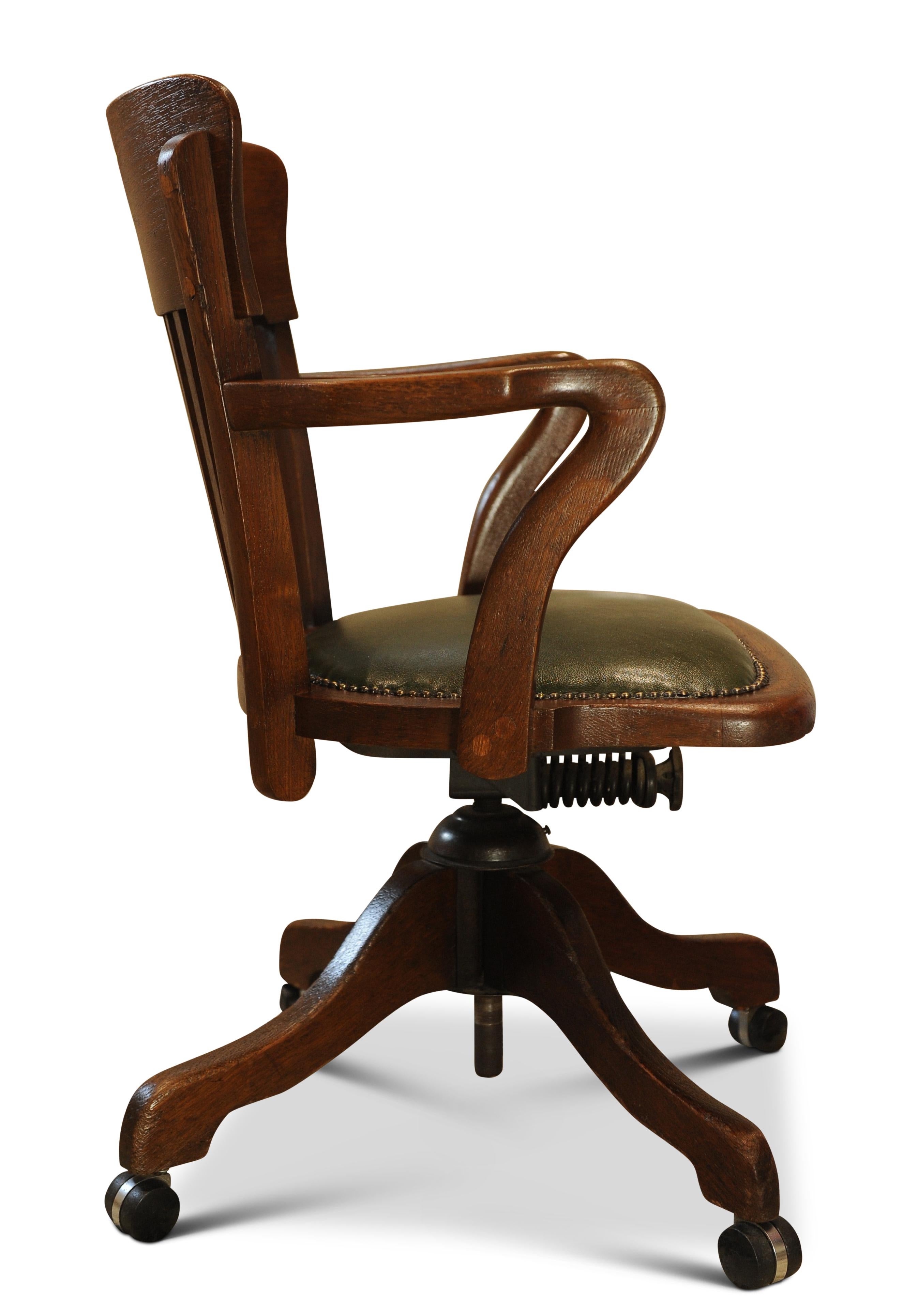 Victorian Hillcrest Oak Revolving Desk Chair with Racing Green Leather Seat 2