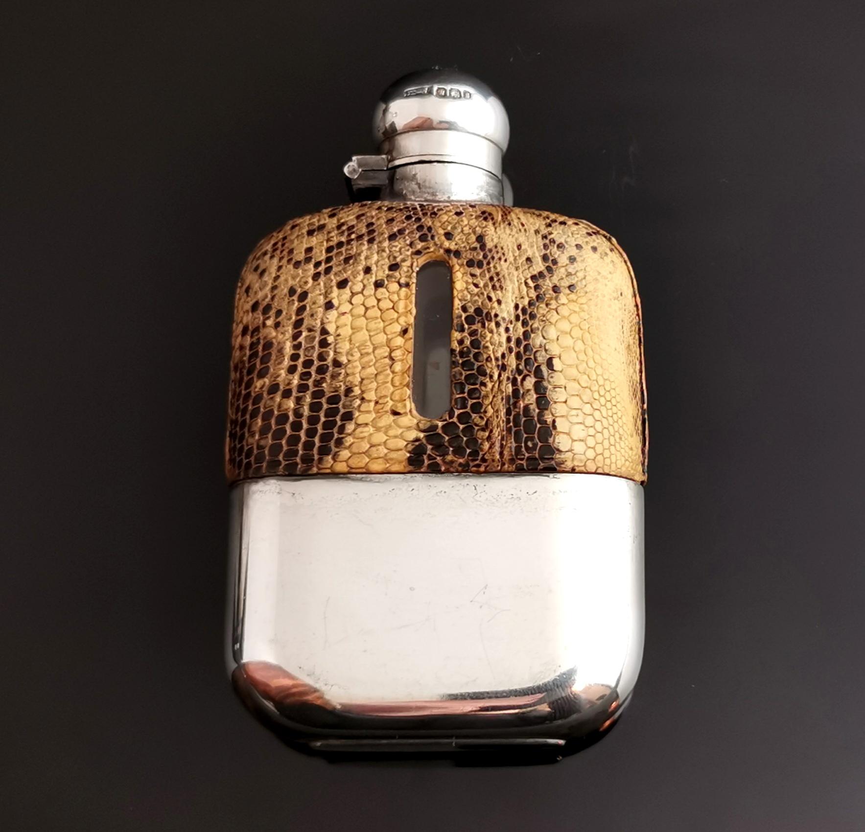 Victorian Hip Flask, Silver, Glass and Faux Snakeskin Leather, James Dixon 7