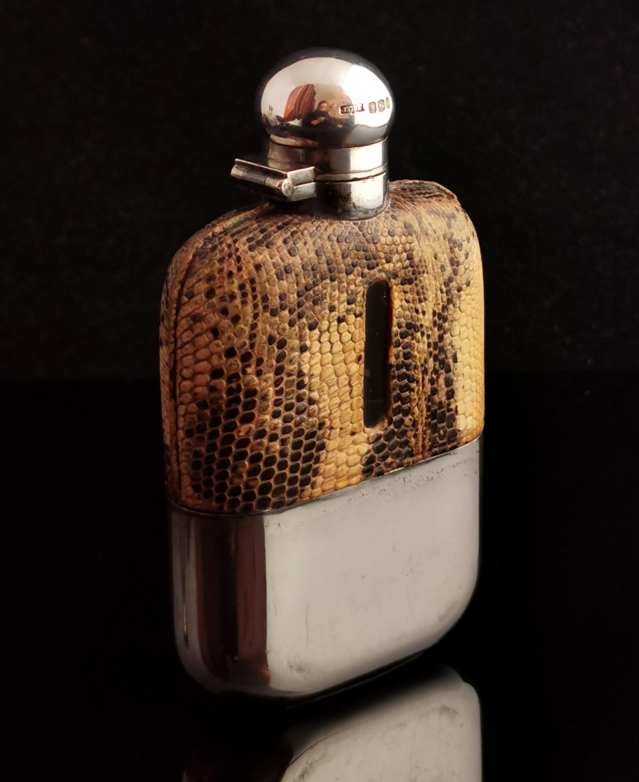 Victorian Hip Flask, Silver, Glass and Faux Snakeskin Leather, James Dixon 10