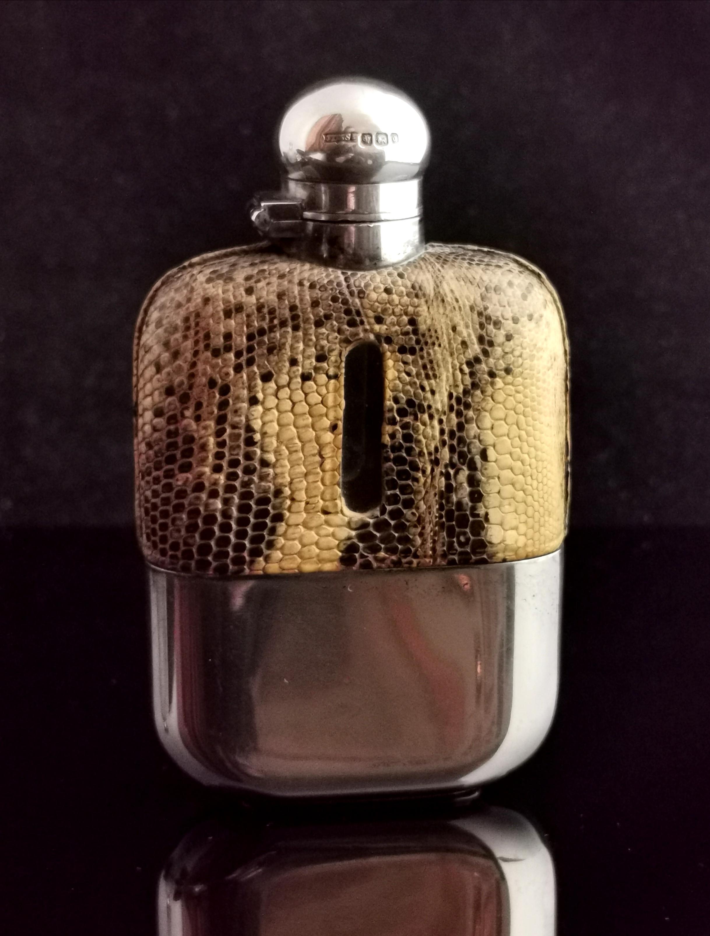 Victorian Hip Flask, Silver, Glass and Faux Snakeskin Leather, James Dixon 11
