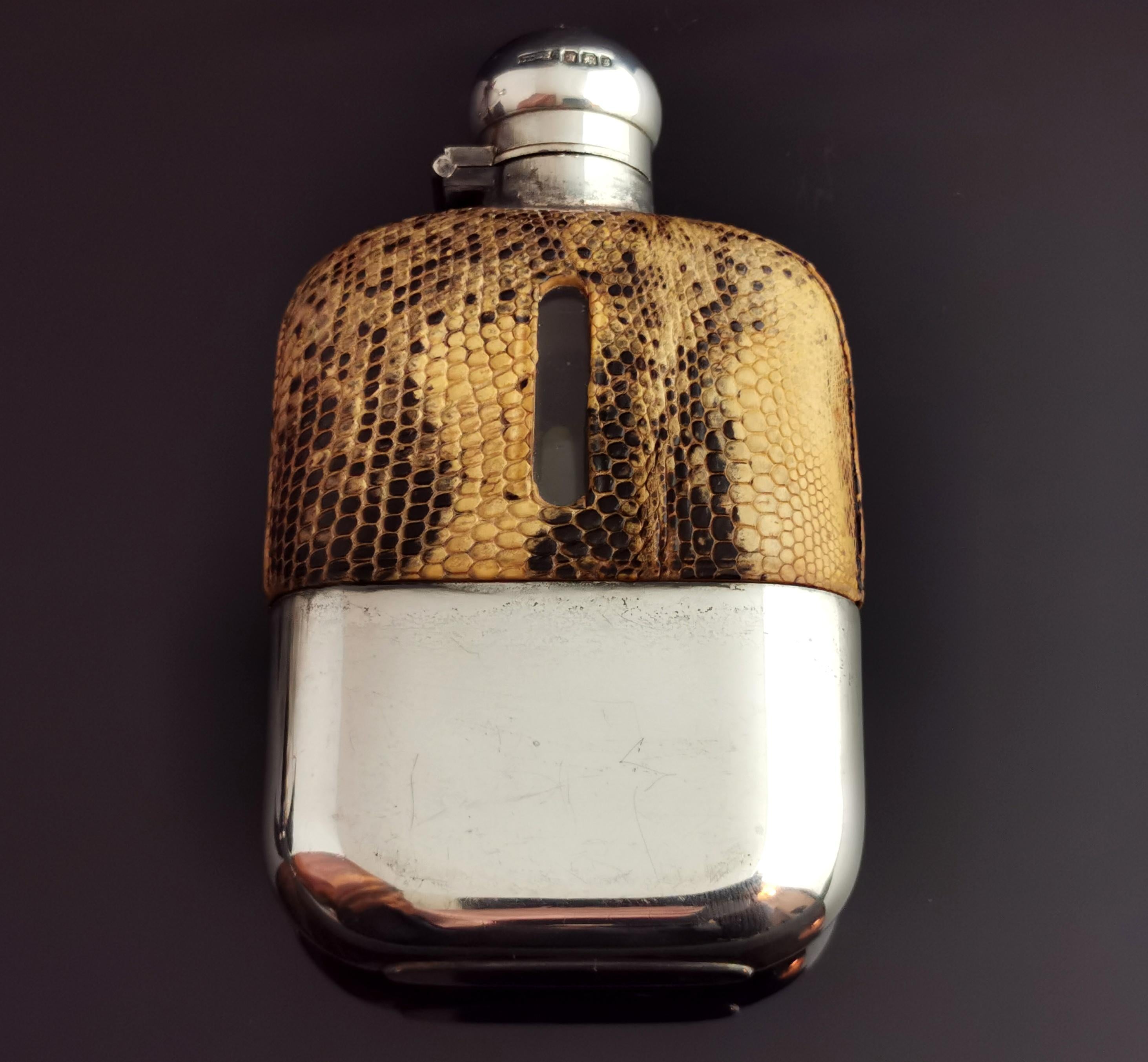 Victorian Hip Flask, Silver, Glass and Faux Snakeskin Leather, James Dixon In Fair Condition In NEWARK, GB