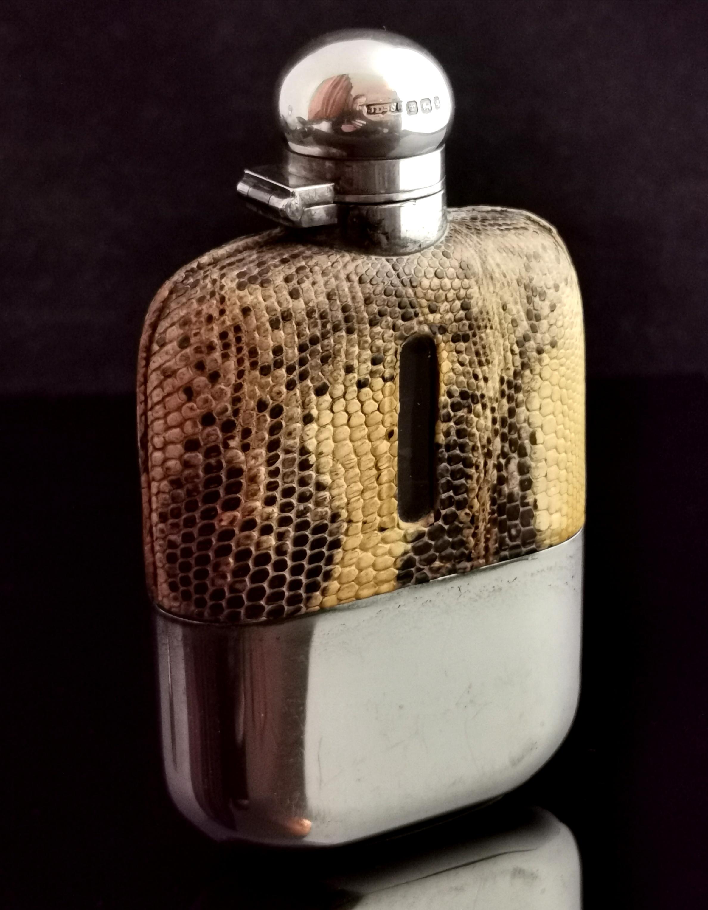 Women's or Men's Victorian Hip Flask, Silver, Glass and Faux Snakeskin Leather, James Dixon