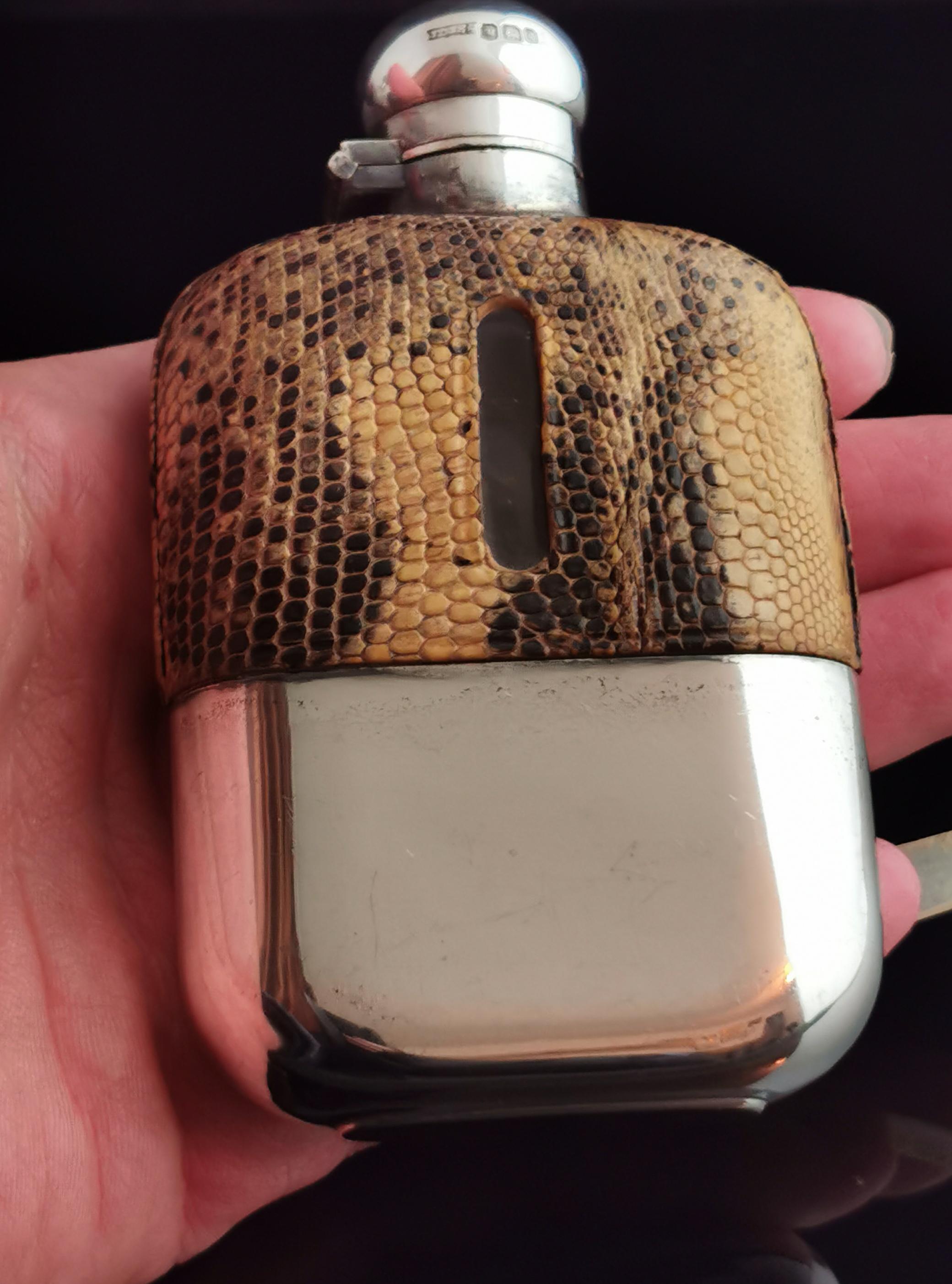 Victorian Hip Flask, Silver, Glass and Faux Snakeskin Leather, James Dixon 1