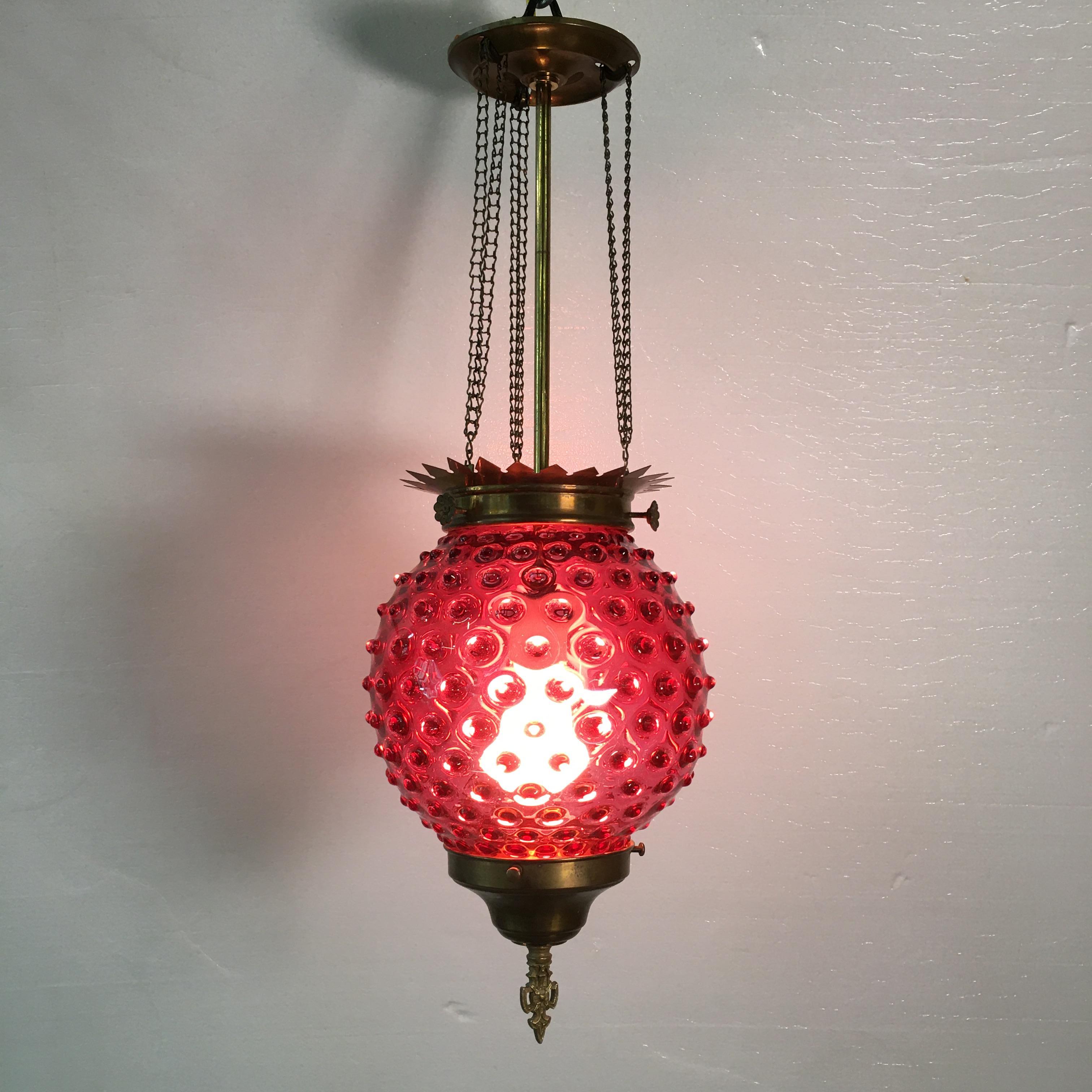 Victorian Hobnail Cranberry Glass Hall Lantern 1