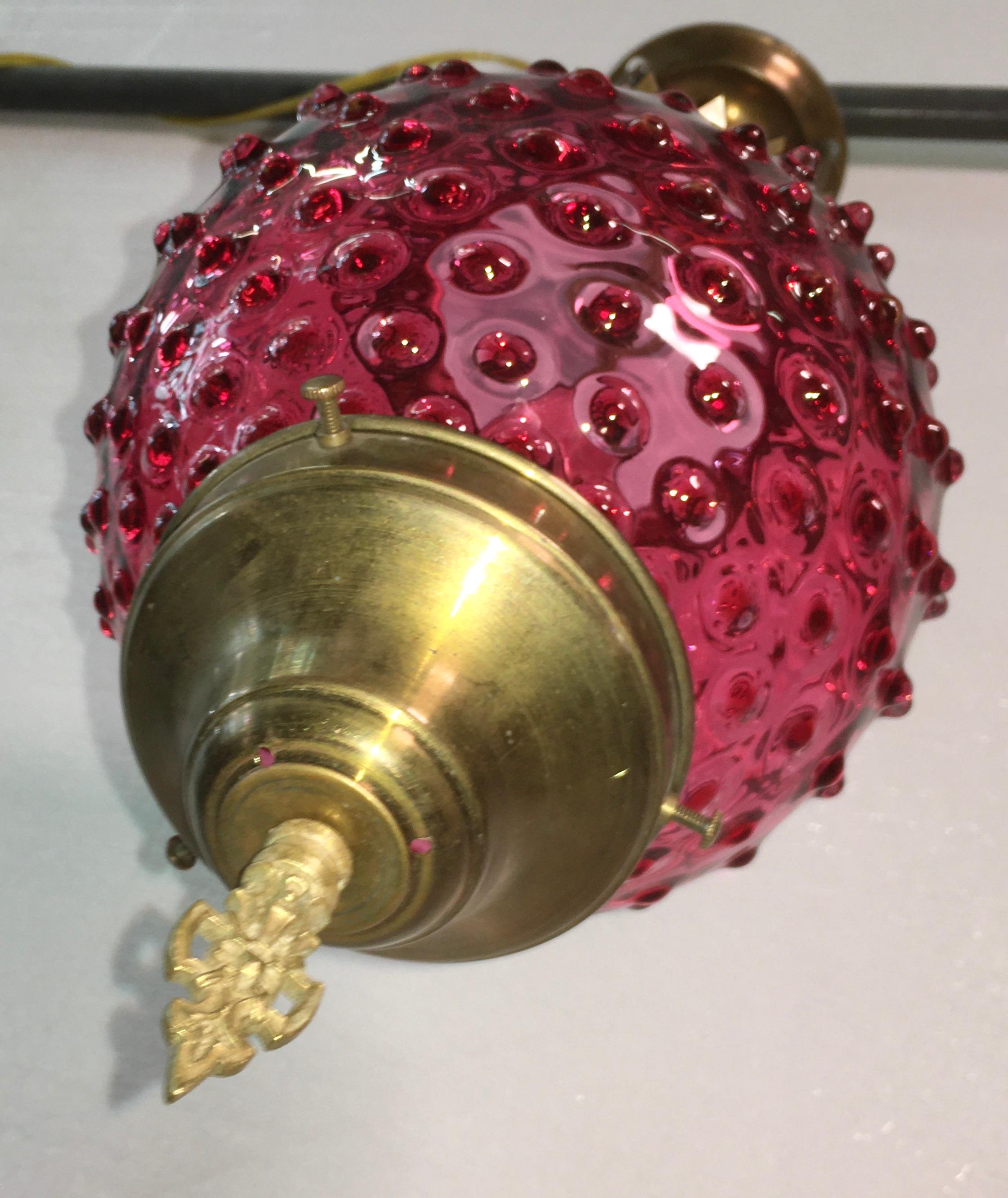 Brass Victorian Hobnail Cranberry Glass Hall Lantern