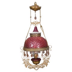Antique Victorian Hobnail Cranberry Glass Parlor Pendant Light Lantern Chandelier