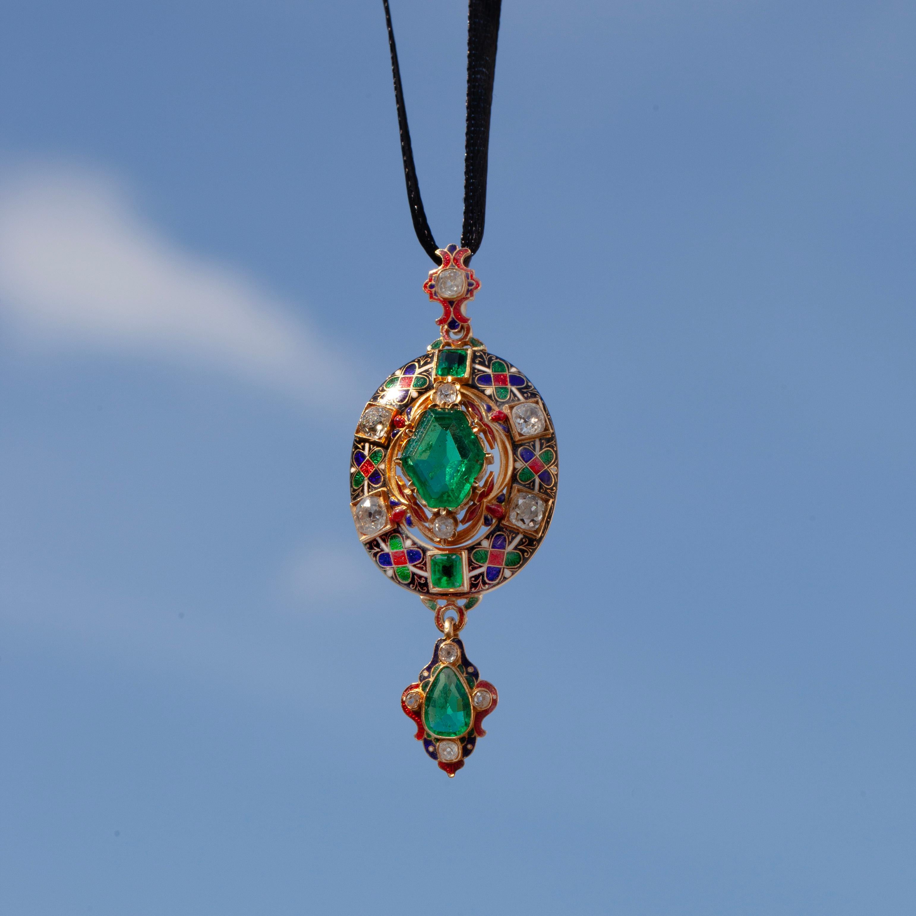 Ciondolo vittoriano in oro 18 carati con smeraldo e diamante, 1870 circa in vendita 1