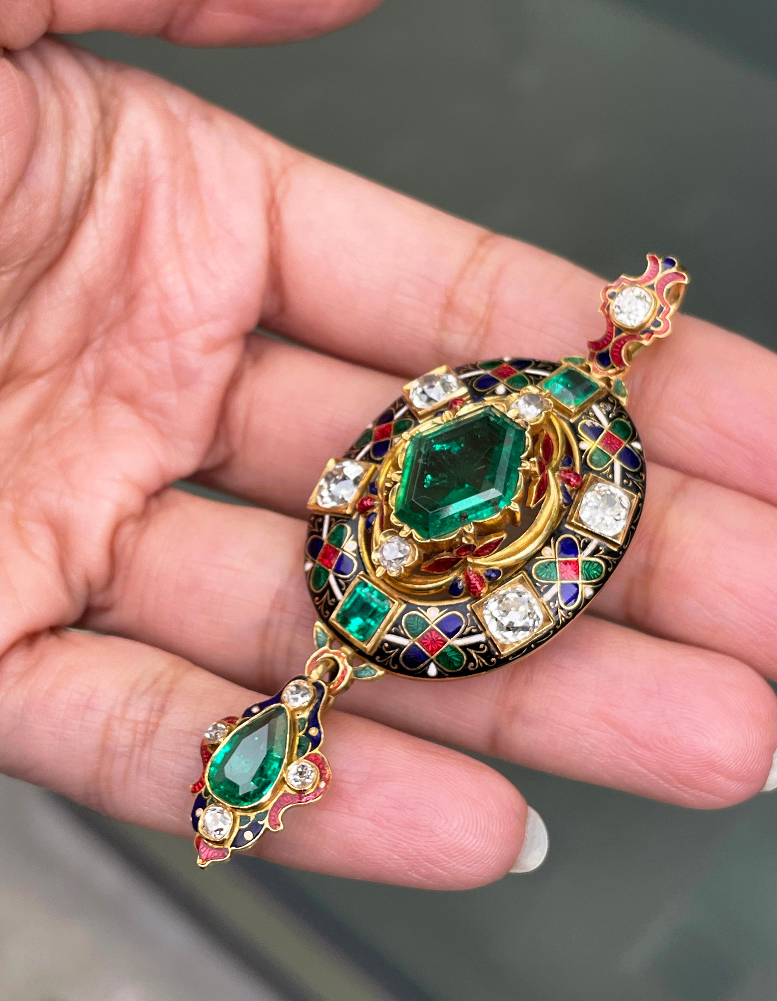 Hexagon Cut Victorian Holbeinesque Emerald and Diamond 18 Carat Gold Pendant, circa 1870 For Sale