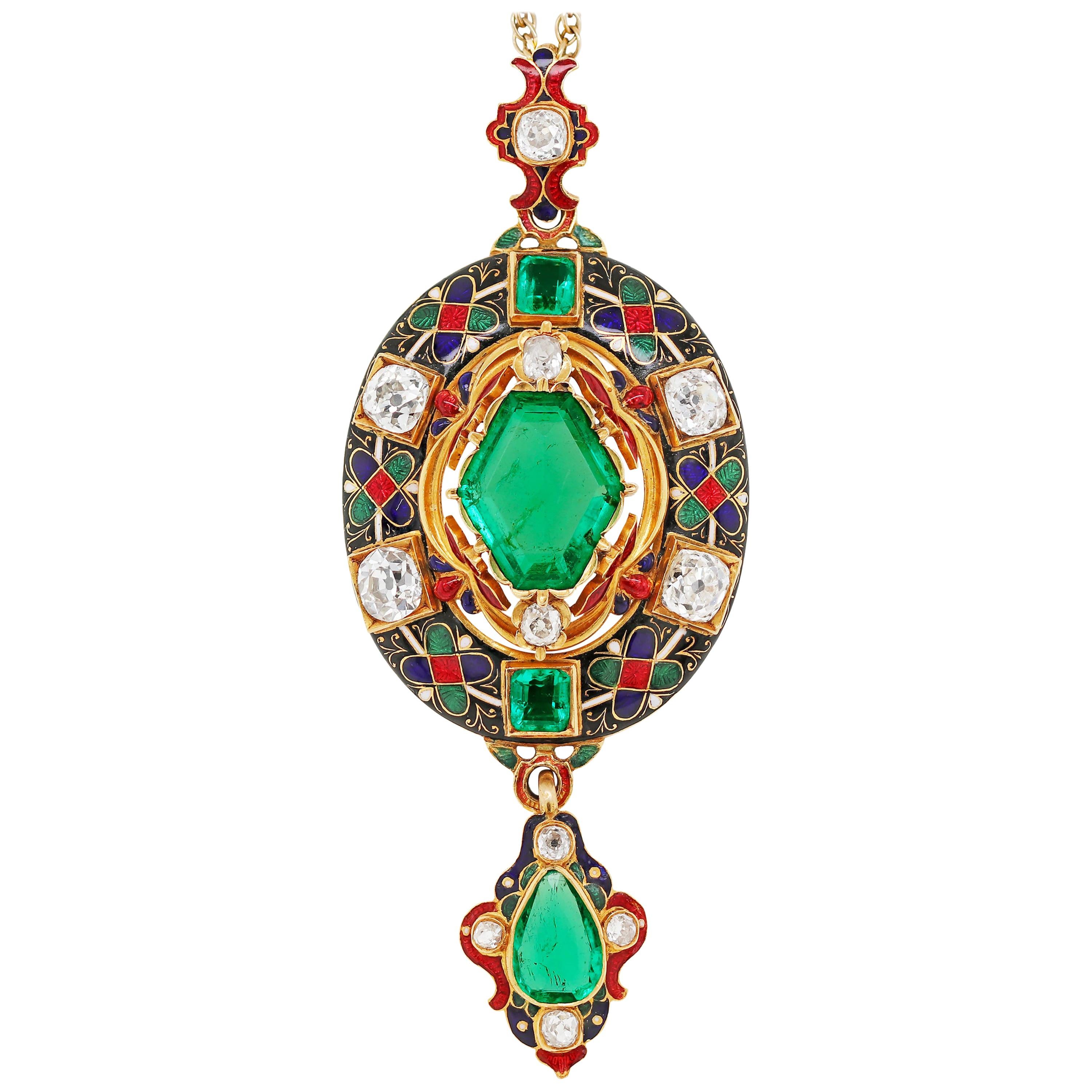Victorian Holbeinesque Emerald and Diamond 18 Carat Gold Pendant, circa 1870