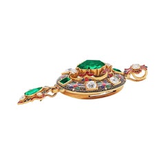 Victorian Holbeinesque Emerald and Diamond 18 Carat Gold Pendant, circa 1870