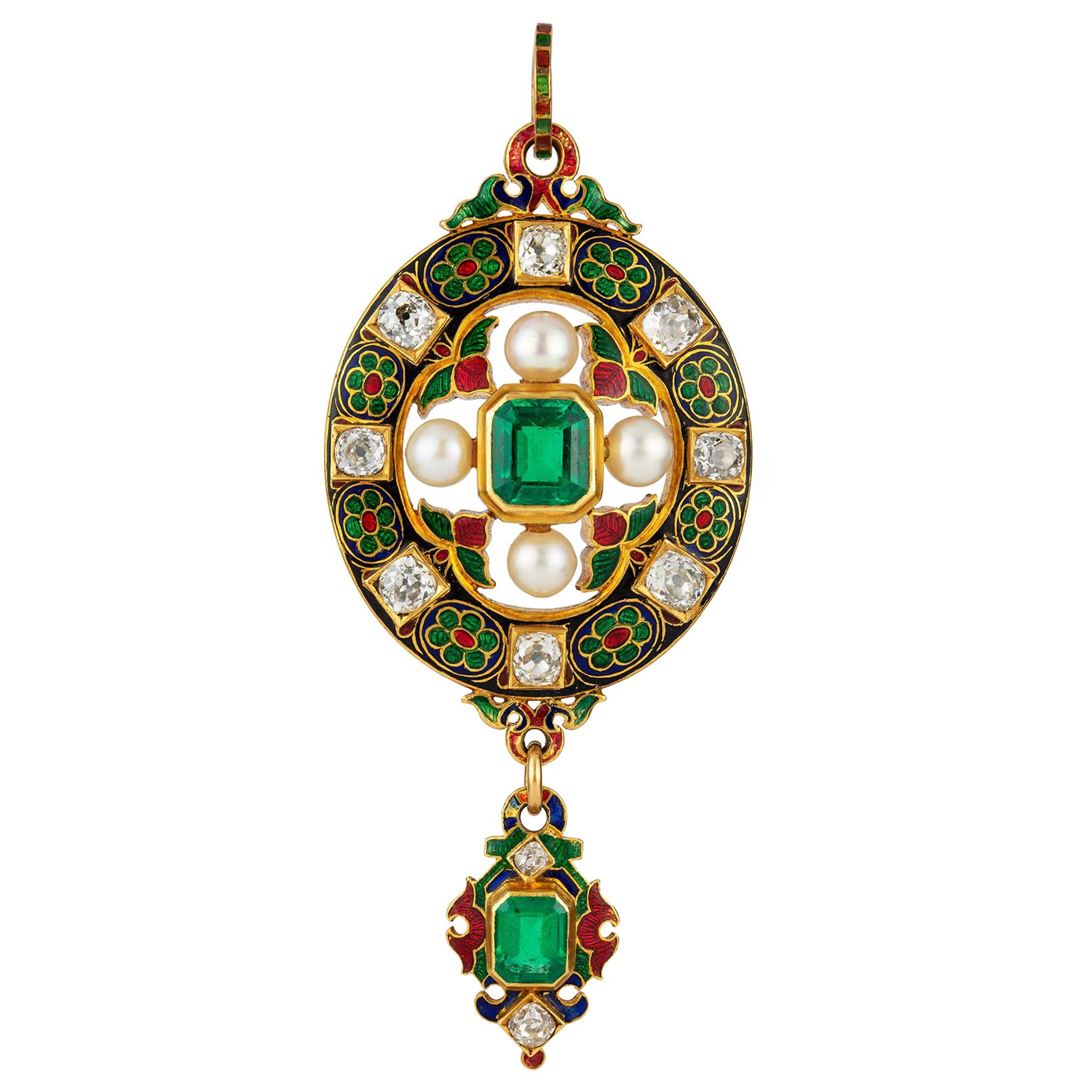 Victorian Holbeinesque Emerald, Diamond and Pearl Pendant For Sale