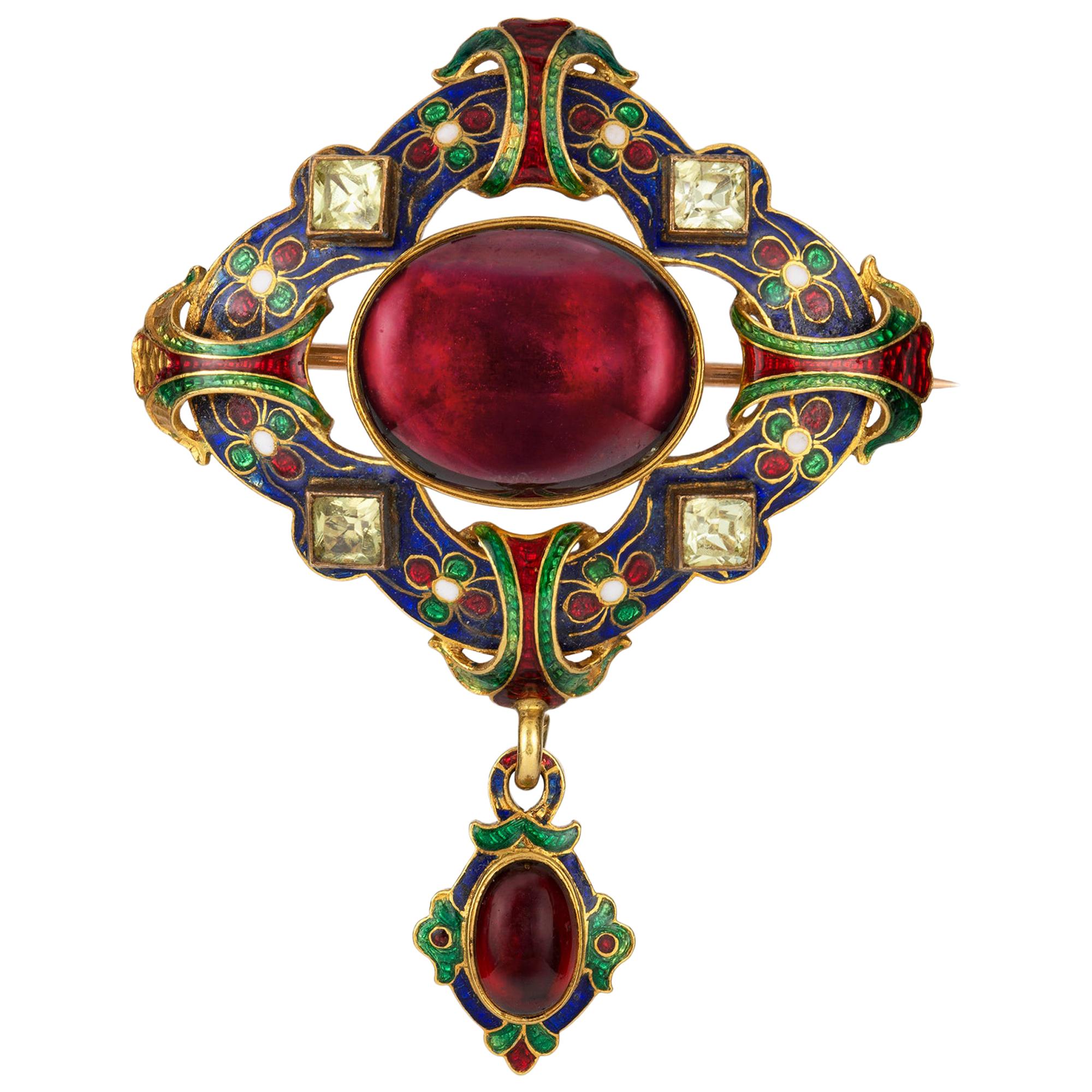 Victorian Holbeinesque Garnet and Chrysoberyl Brooch