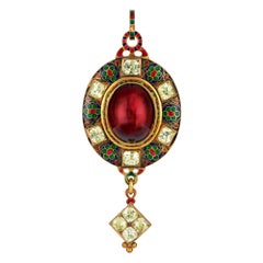 Antique Victorian Holbeinesque Garnet and Chrysoberyl Pendant