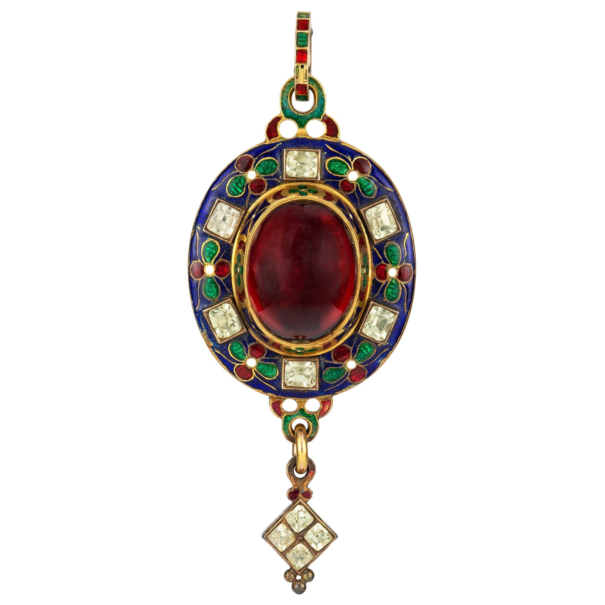 Victorian Holbeinesque Garnet and Chrysoberyl Pendant For Sale