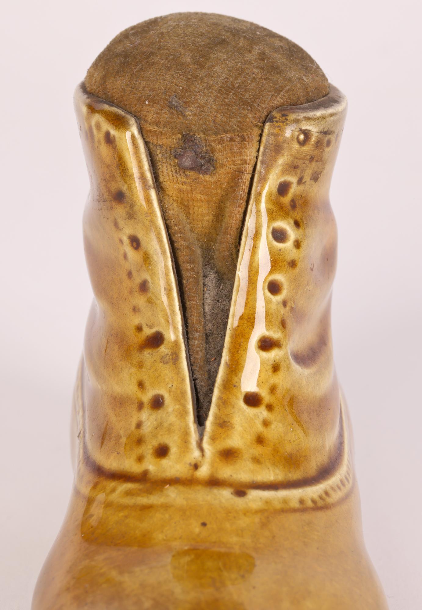 Victorian Honey Glazed Pottery Boot Pin Cushion For Sale 9