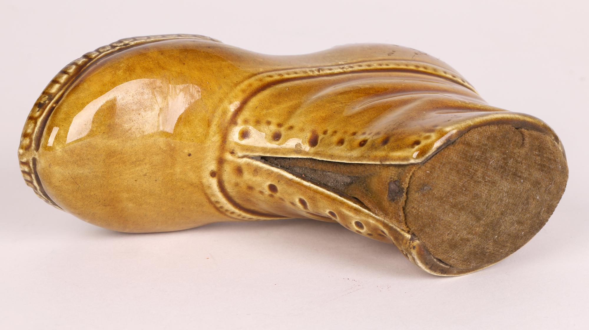 Victorian Honey Glazed Pottery Boot Pin Cushion In Good Condition For Sale In Bishop's Stortford, Hertfordshire